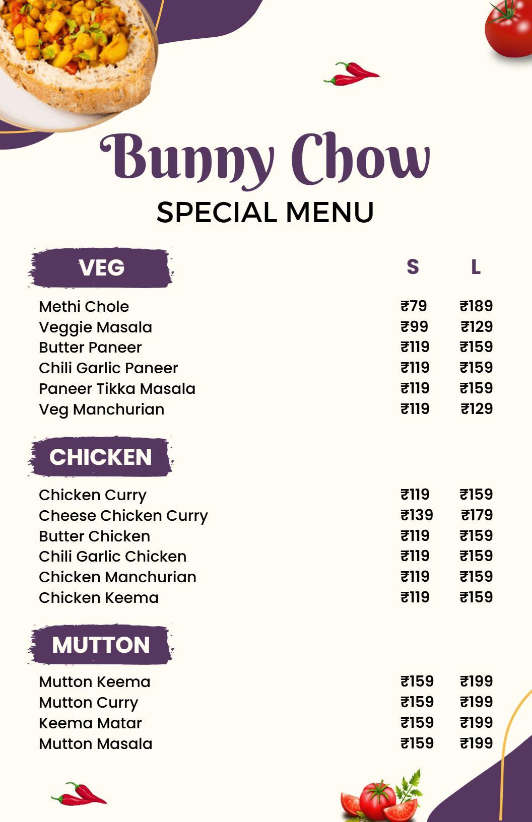 Exotic Veggie and Paneer Dishes Bunny Chow Special Menu Template
