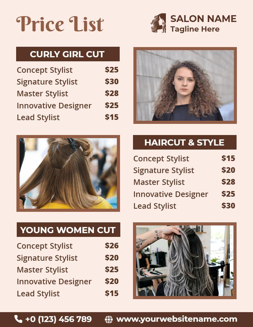 Expert Haircut and Styling Options Featuring Diverse Salon Price List Template
