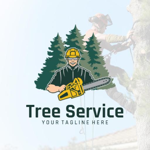 Expert Tree Care with Chainsaw and Lush Green Trees Logo Template