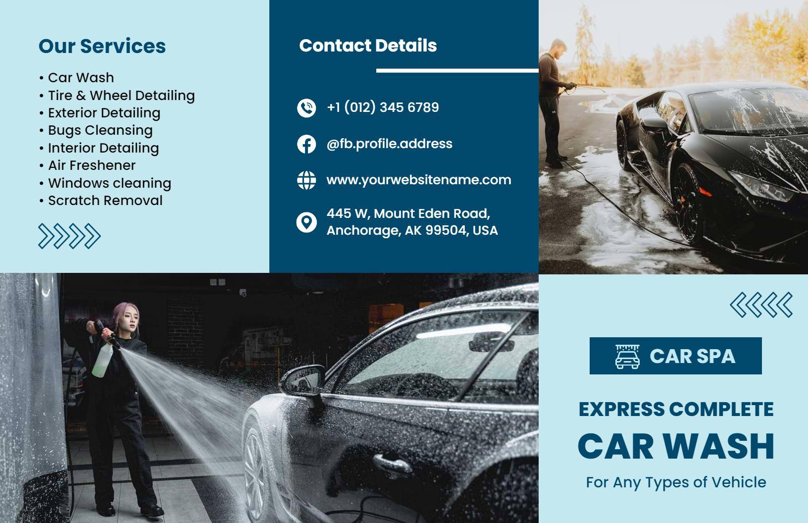 Express Complete Car Wash Services and Detailing Brochure Template
