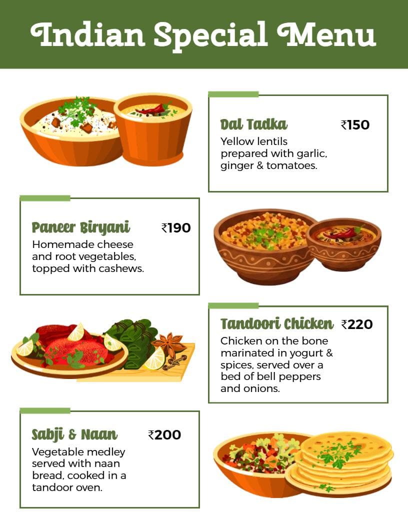 Exquisite Biryani, Tandoori Chicken, and Dal Specialties Indian Cuisine Menu Template