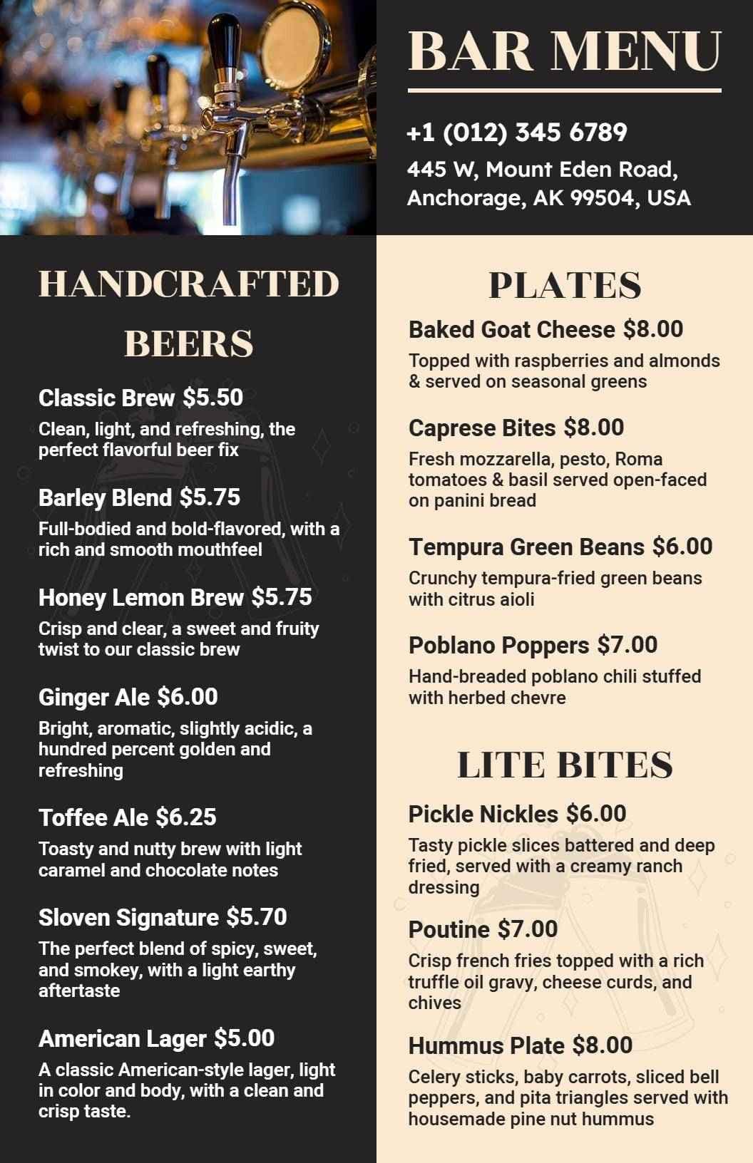 Exquisite Handcrafted Beer Selections and Tasty Plates Bar Menu Template