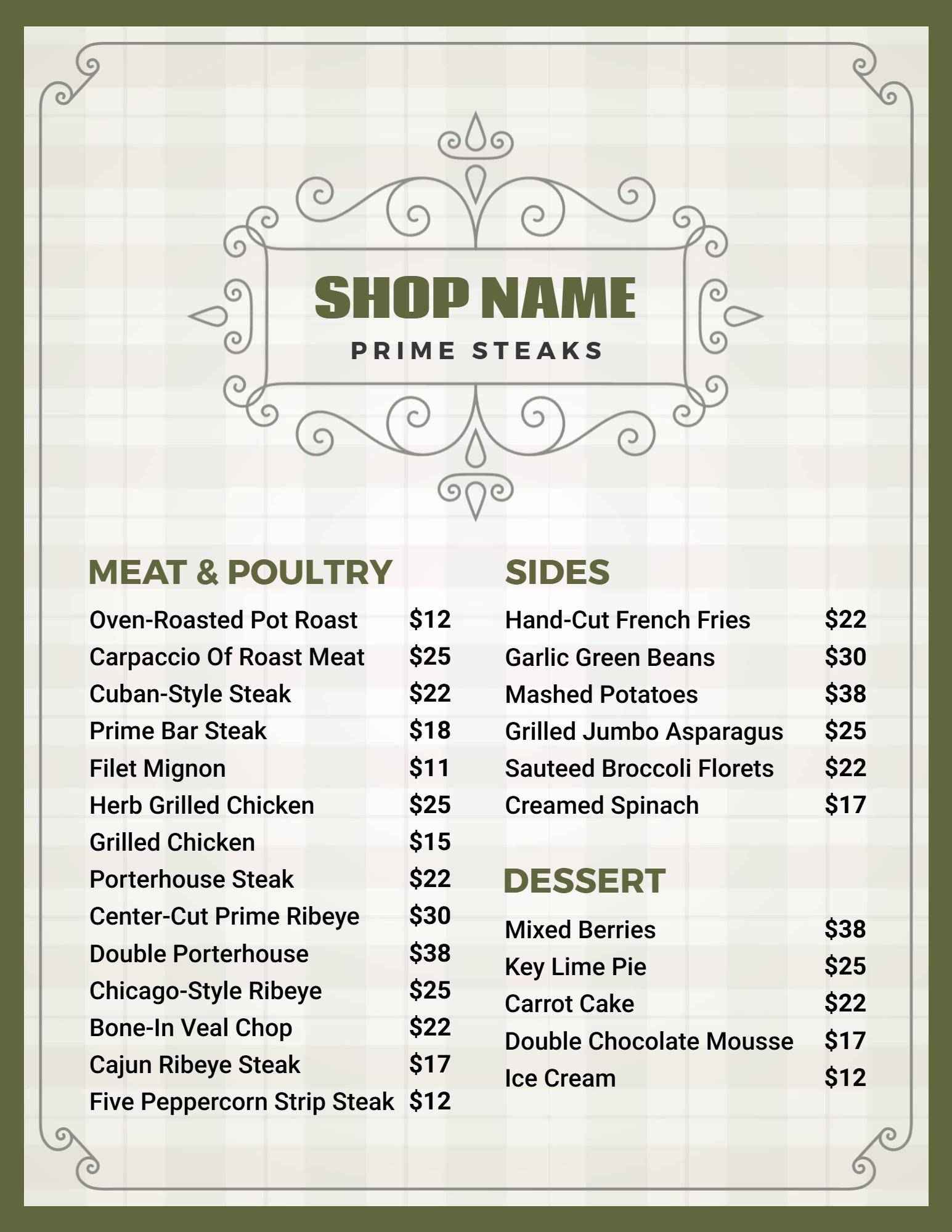 Exquisite Prime Steaks and Classic Sides Selection Fancy Menu Template