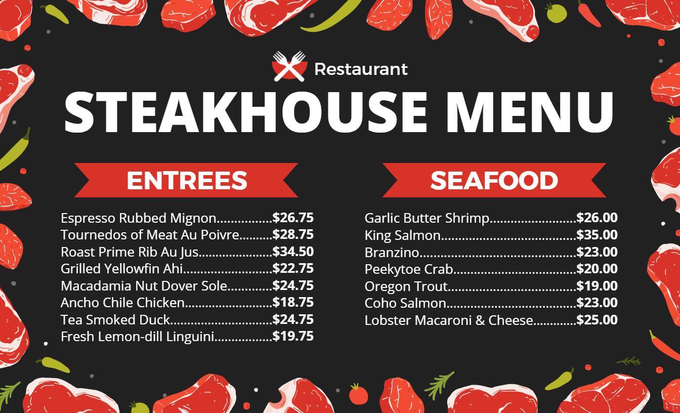 Exquisite Surf and Turf Options with Classic Entrees Steakhouse Menu Template