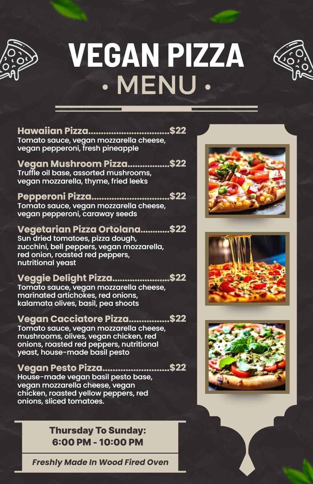 Exquisite Vegan Pizza Variations with Fresh Ingredients Pizza Menu Template