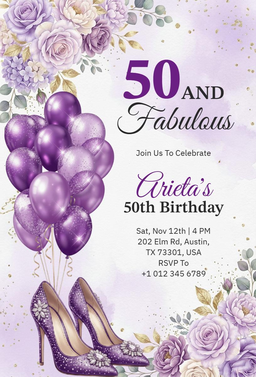 Fabulous 50th Birthday Celebration Purple Invitation Template