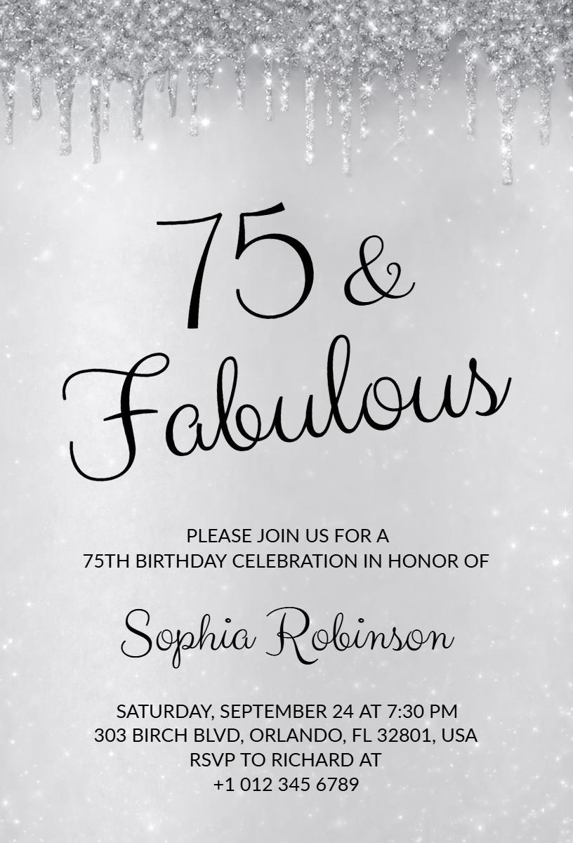 Fabulous 75th Birthday Celebration Silver Sparkle Invitation Template
