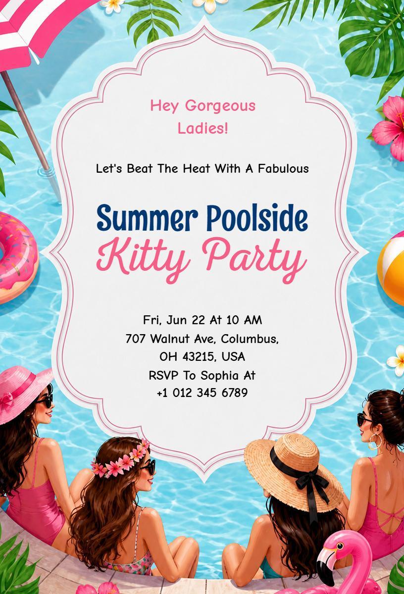 Fabulous Summer Poolside Kitty Party Invitation Template