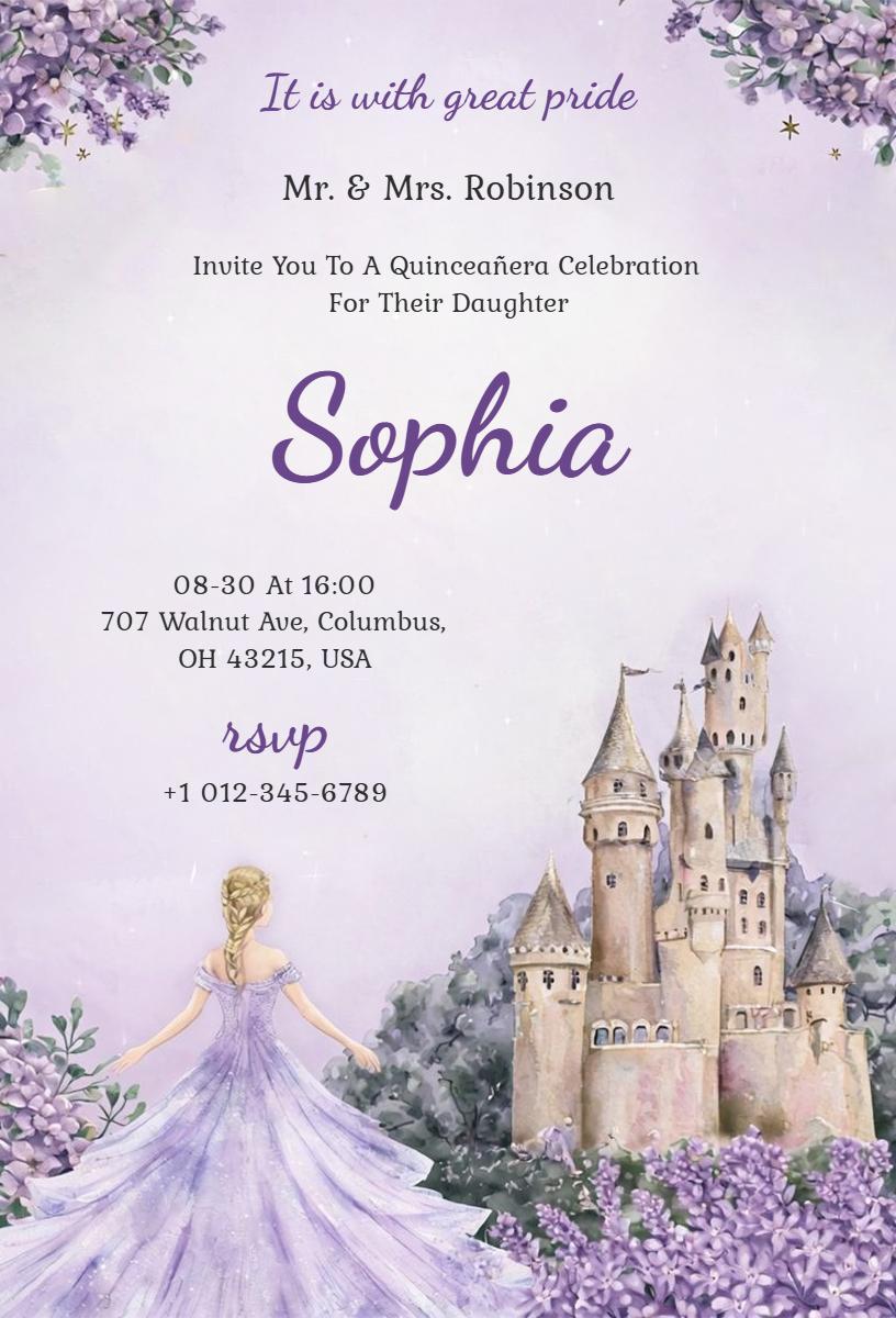 Fairytale Castle Lavender Quinceanera Celebration Invitation Template