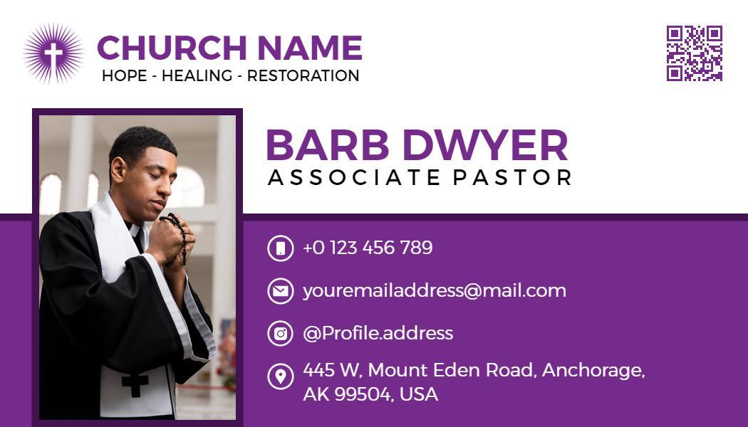 Faith-Based Purple Church Ministry Contact Business Card Template