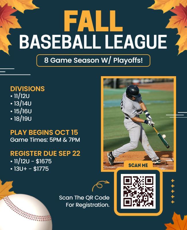 Fall Baseball League Tournament Registration Flyer Template