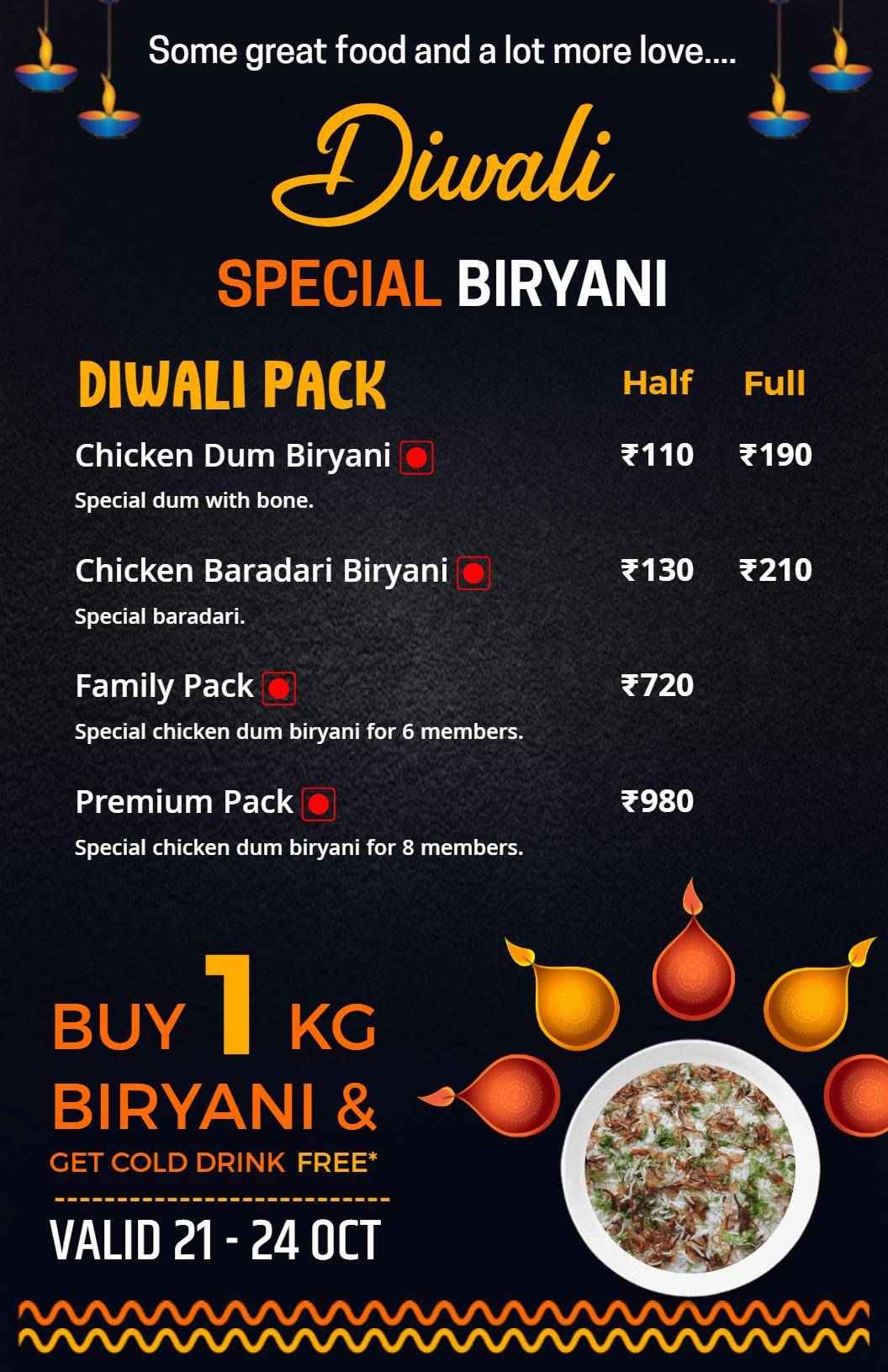 Family and Premium Biryani Packs for Diwali Menu Template