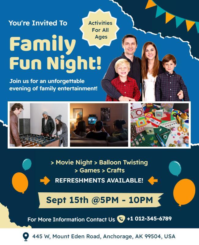 Family Entertainment Night with Games and Crafts Flyer Template