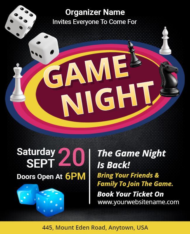 Colorful Game Night with Dice and Chess Pieces Flyer Template