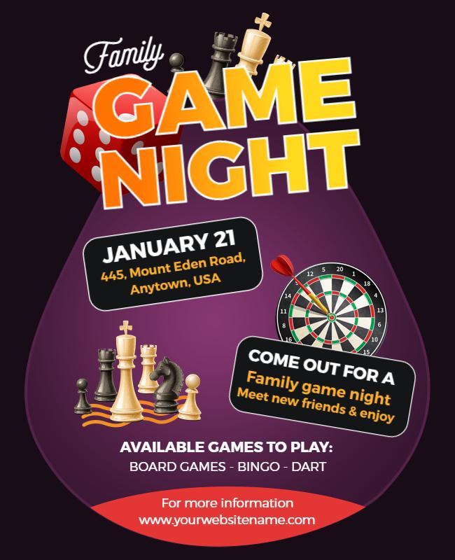 Fun Family Game Night with Colorful Board Games Flyer Template