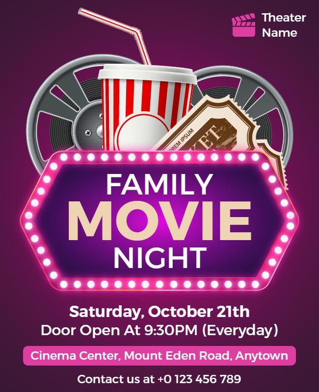 Fun Purple Family Movie Night with Film Reel Graphics Flyer Template