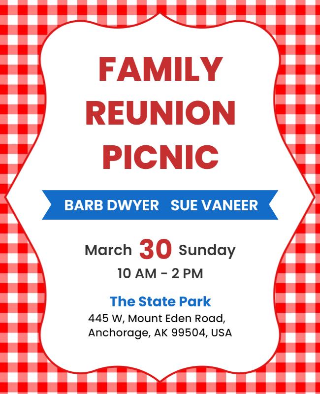 Cheerful Red Checkered Family Reunion Picnic Flyer Template