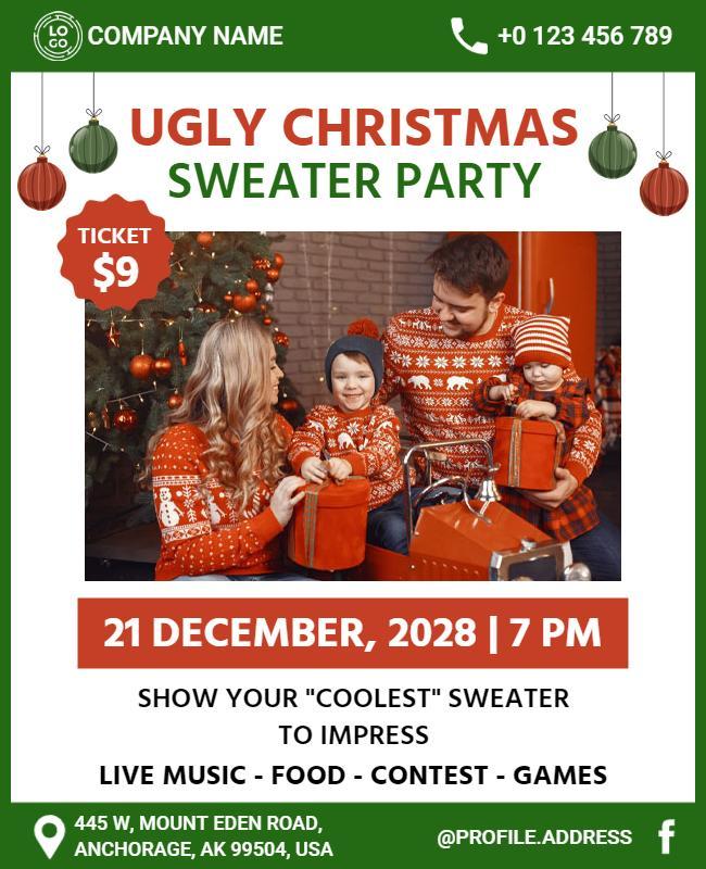 Family Ugly Christmas Sweater Party Flyer Template