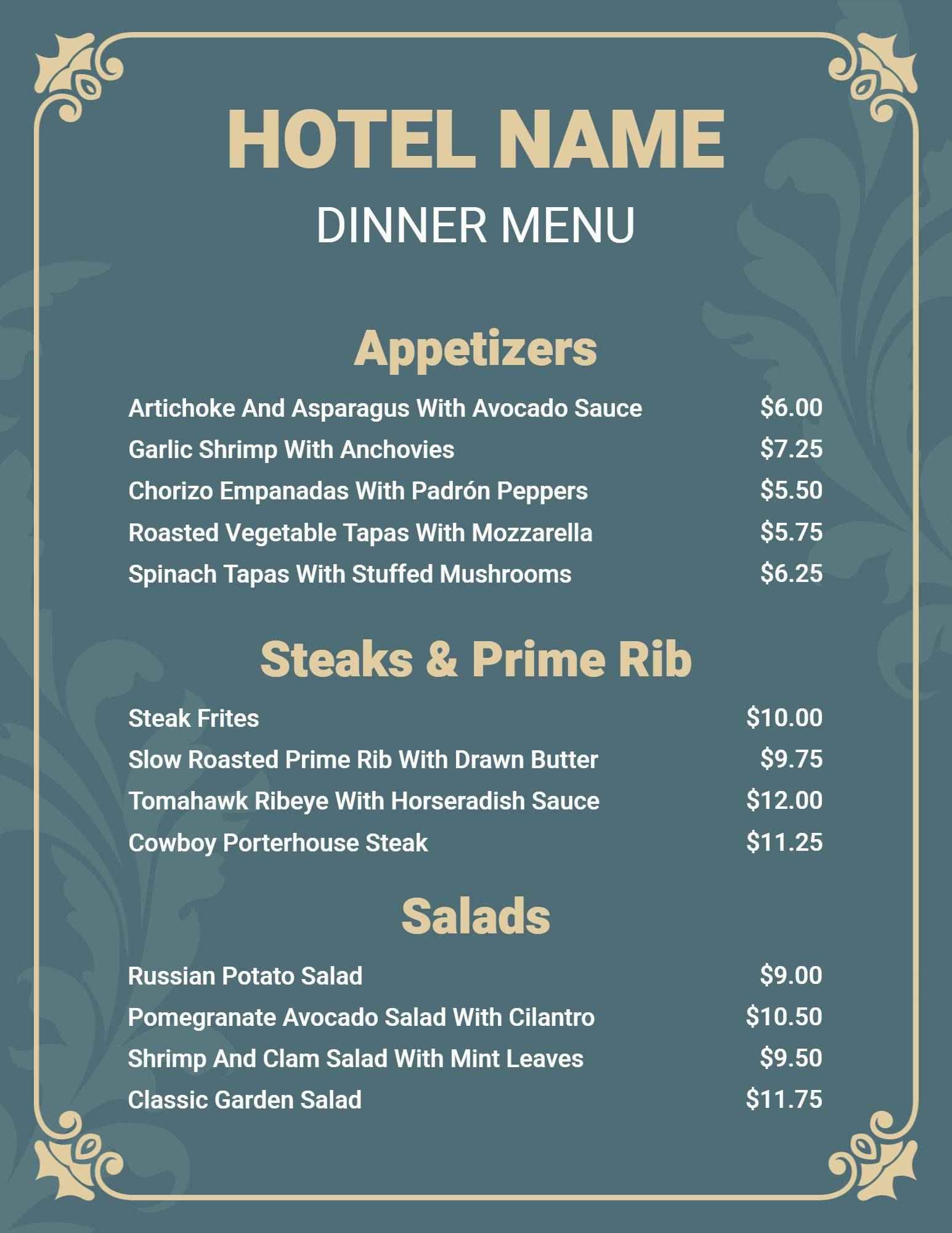 Fancy Hotel Dinner Menu Template