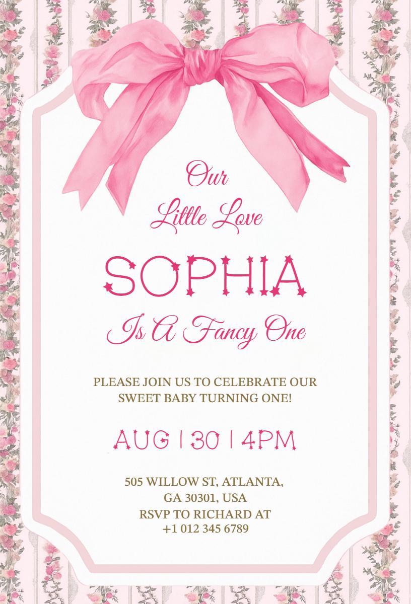Fancy Pink Floral Bow Baby Birthday Celebration Invitation Template