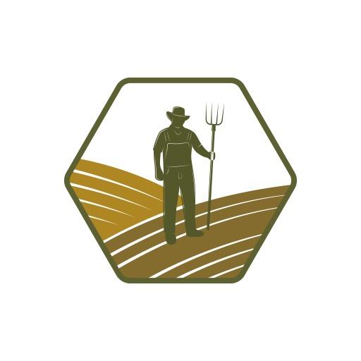 Farm Landscape and Farmer Holding Fork in Agriculture Logo Template