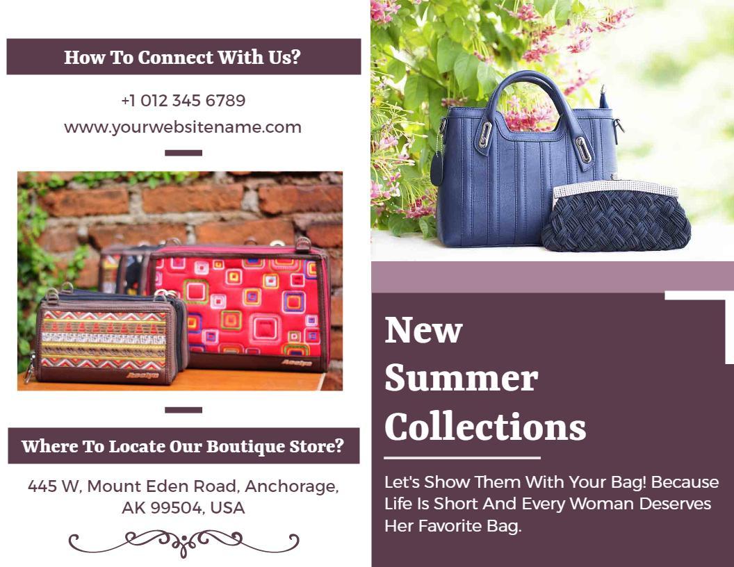 Fashion Handbag New Summer Collections Bi Fold Brochure Template
