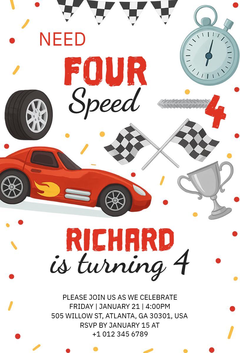 Fast Cars Racing Theme Kids Birthday Celebration Invitation Template