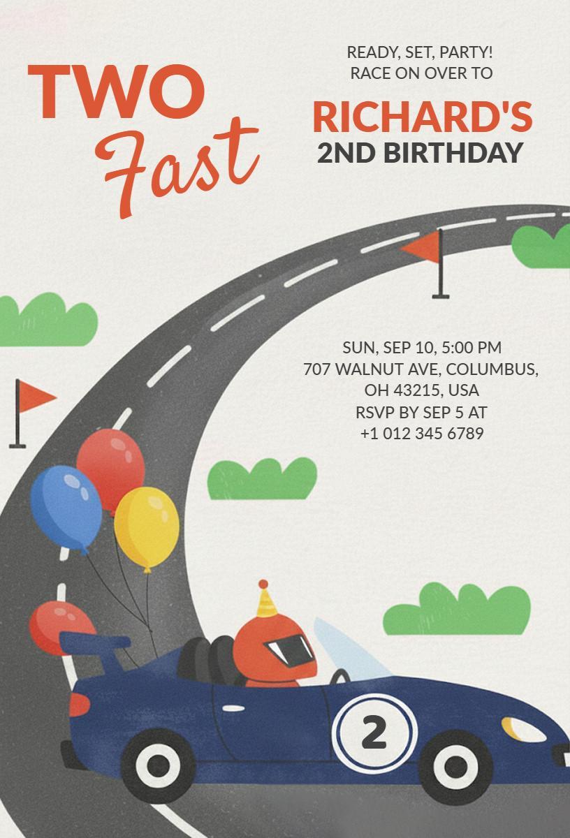 Fast Cars Racing Themed 2nd Birthday Party Invitation Template