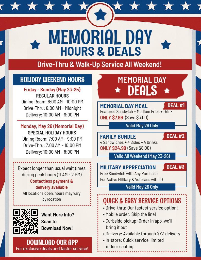 Fast Food Memorial Day Specials and Hours Menu Flyer Template