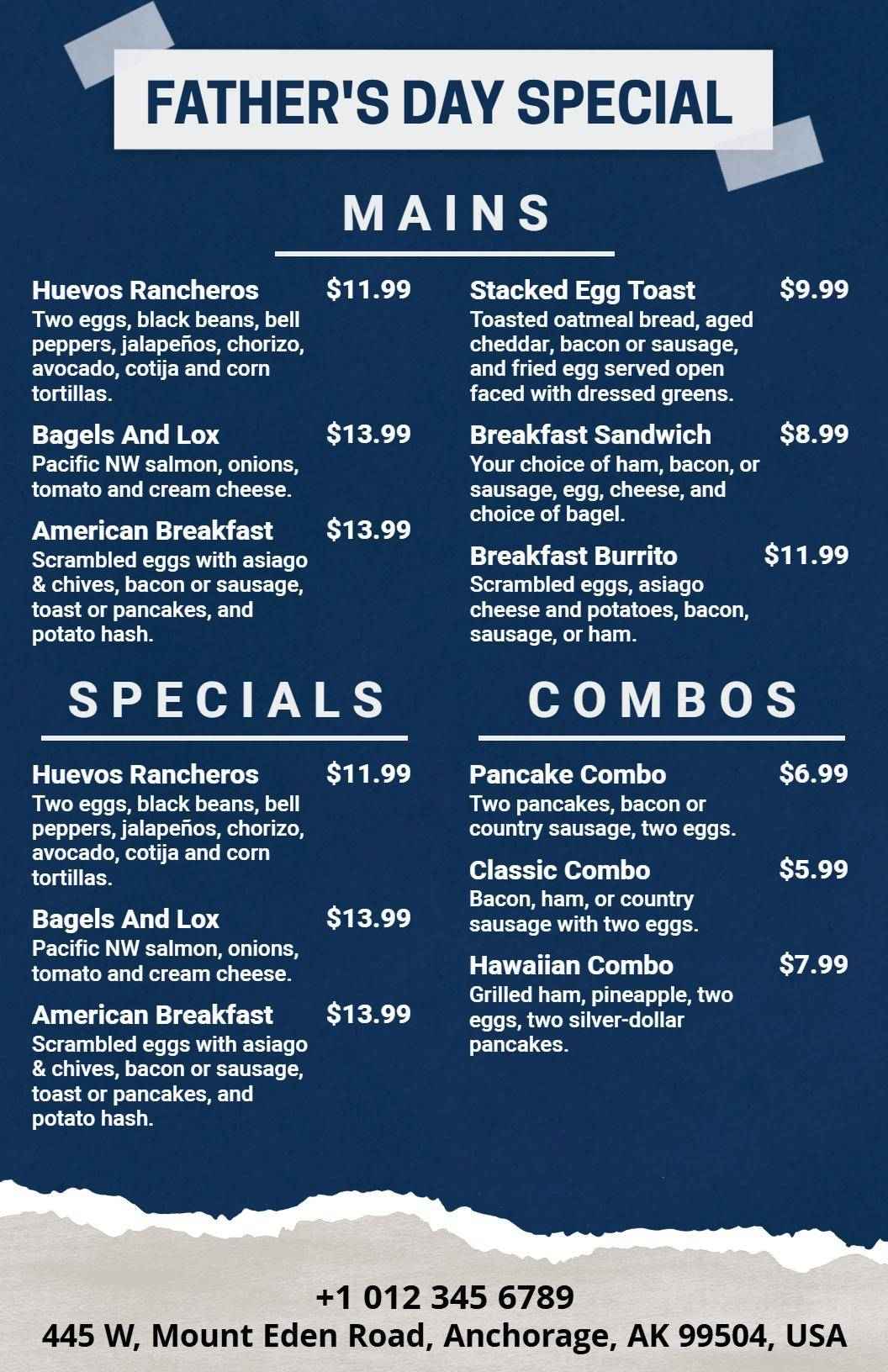 Father's Day Thematic Blue Classic Food Specials Menu Template