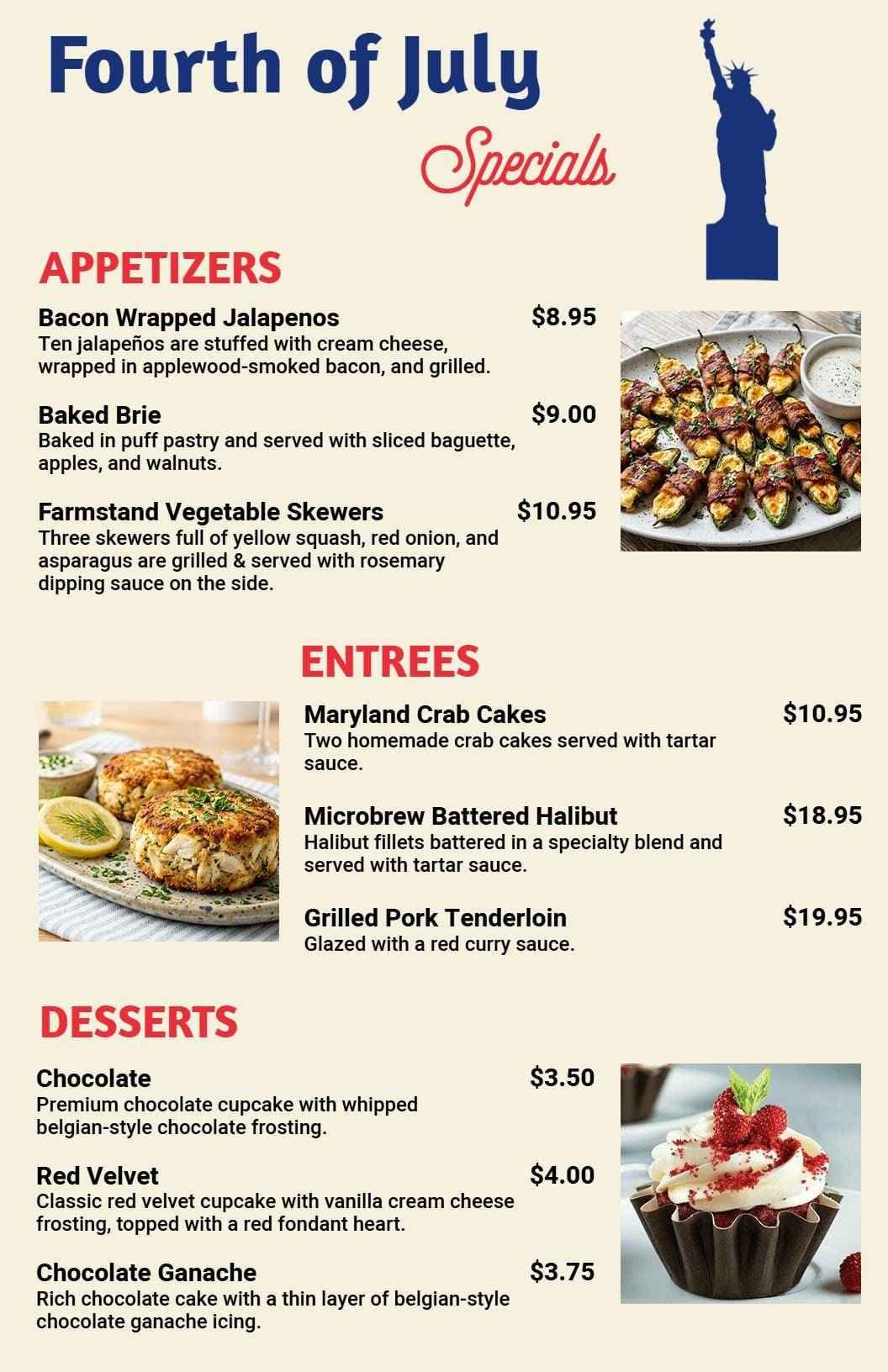 Festive 4th of July Appetizers, Entrees, and Desserts Menu Template
