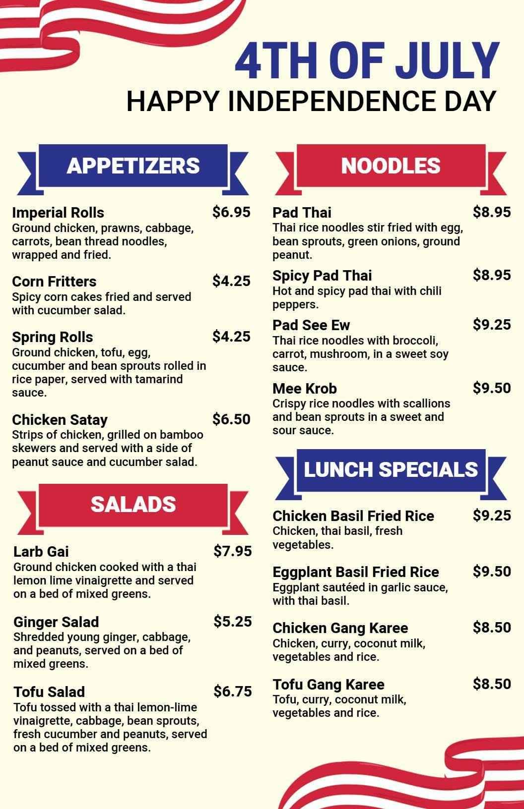 Festive 4th of July Celebration Food and Drink Selections Menu Template
