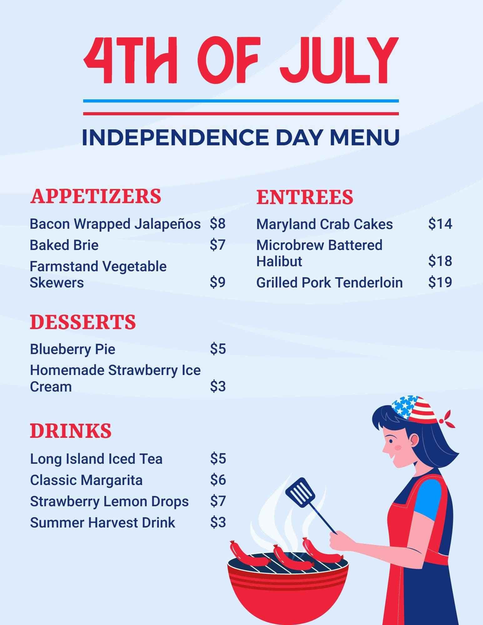 Festive 4th of July Culinary Delights with Star-Spangled Flavors Menu Template