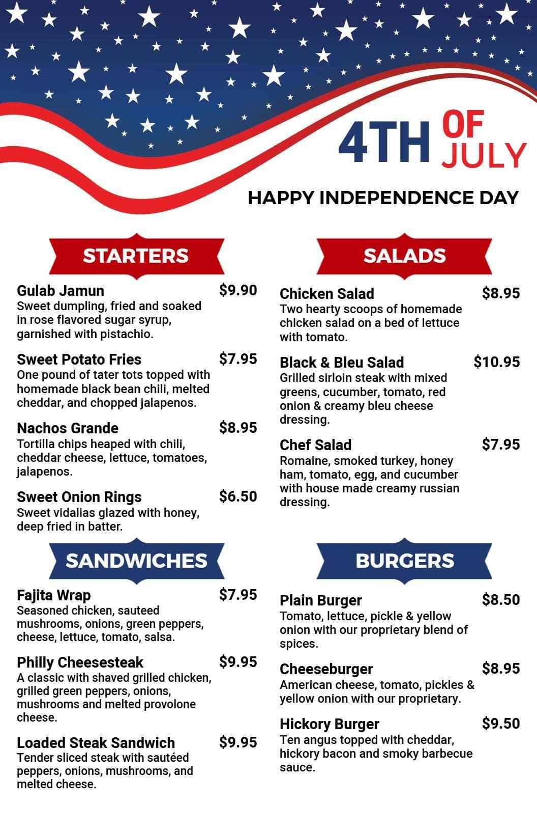 Festive 4th of July Inspired Dishes and Flavorful Snacks Menu Template