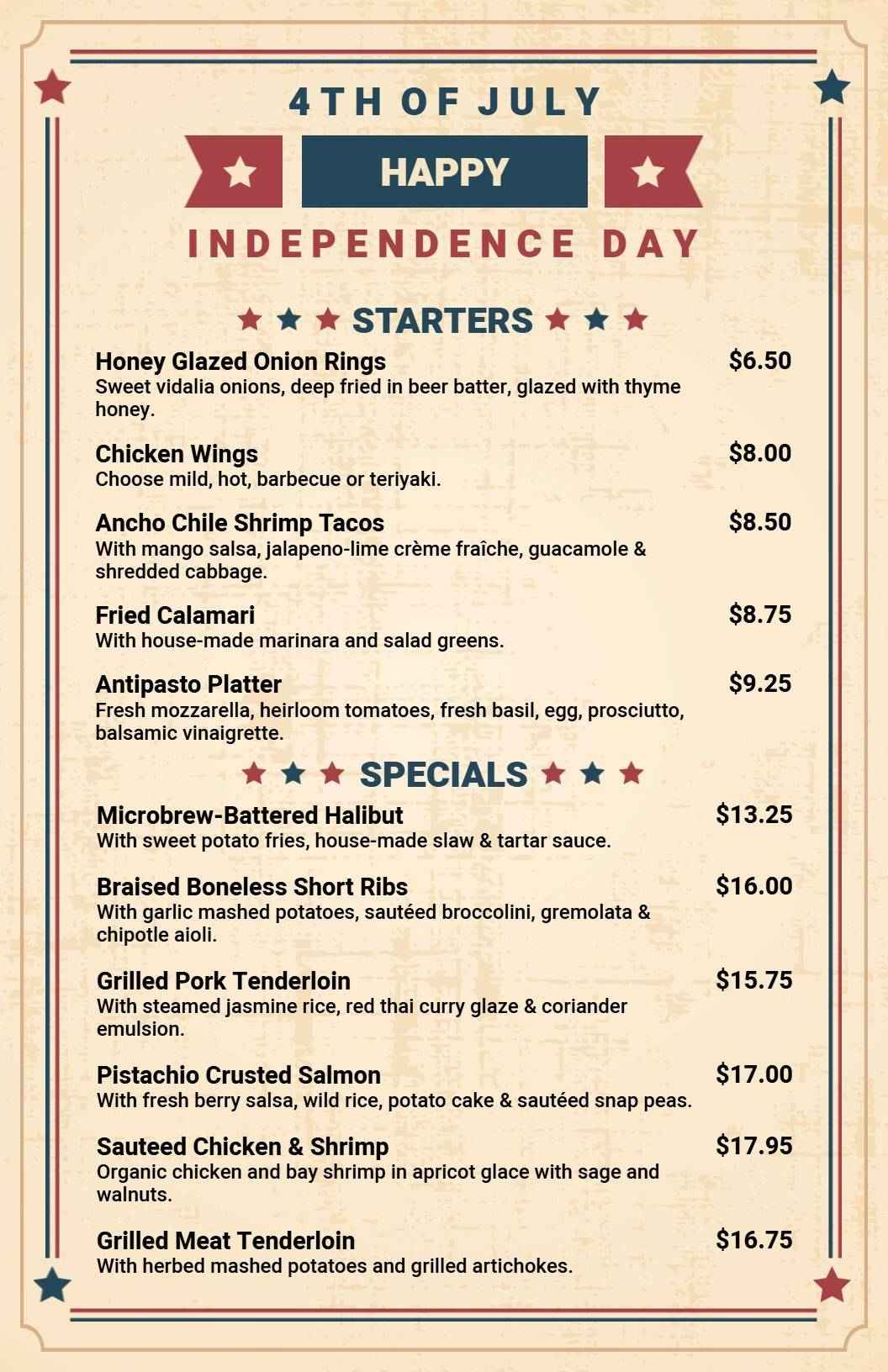 Festive 4th of July Starters and Specials Celebration Menu Template