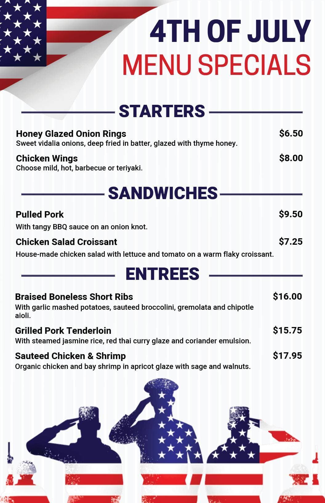 Festive 4th of July Starters, Sandwiches, and Entrees Menu Template