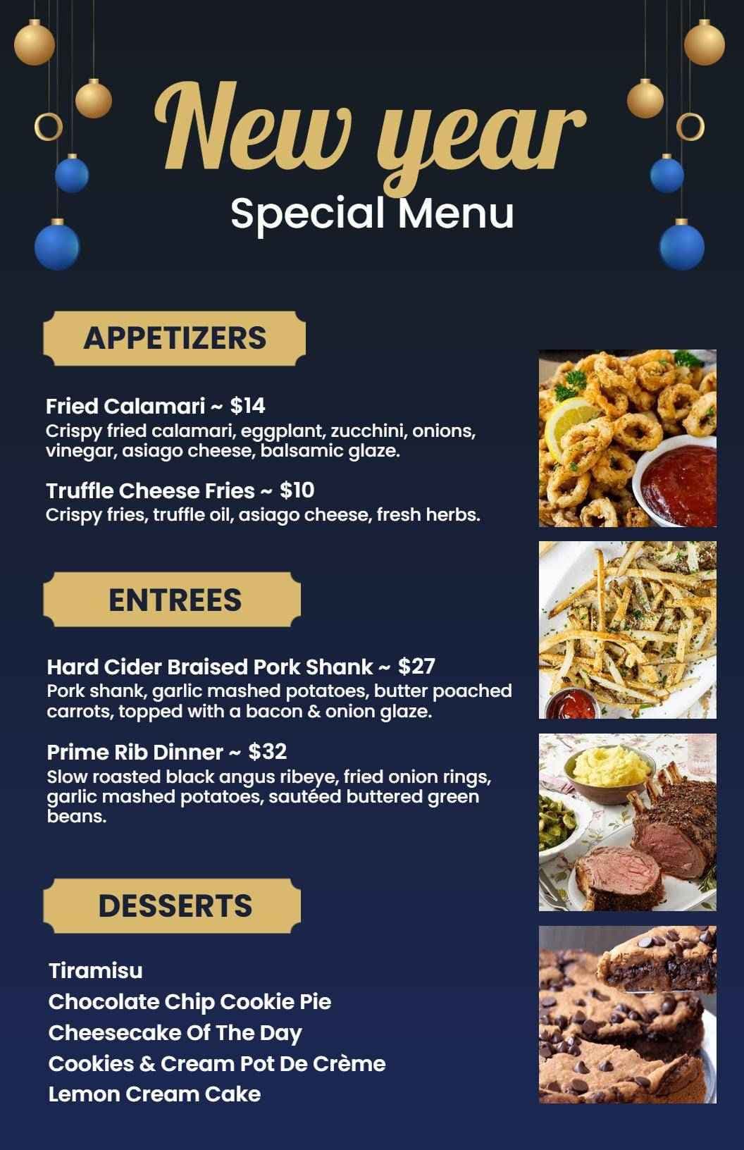 Festive Appetizers and Enticing Dishes for the New Year Menu Template