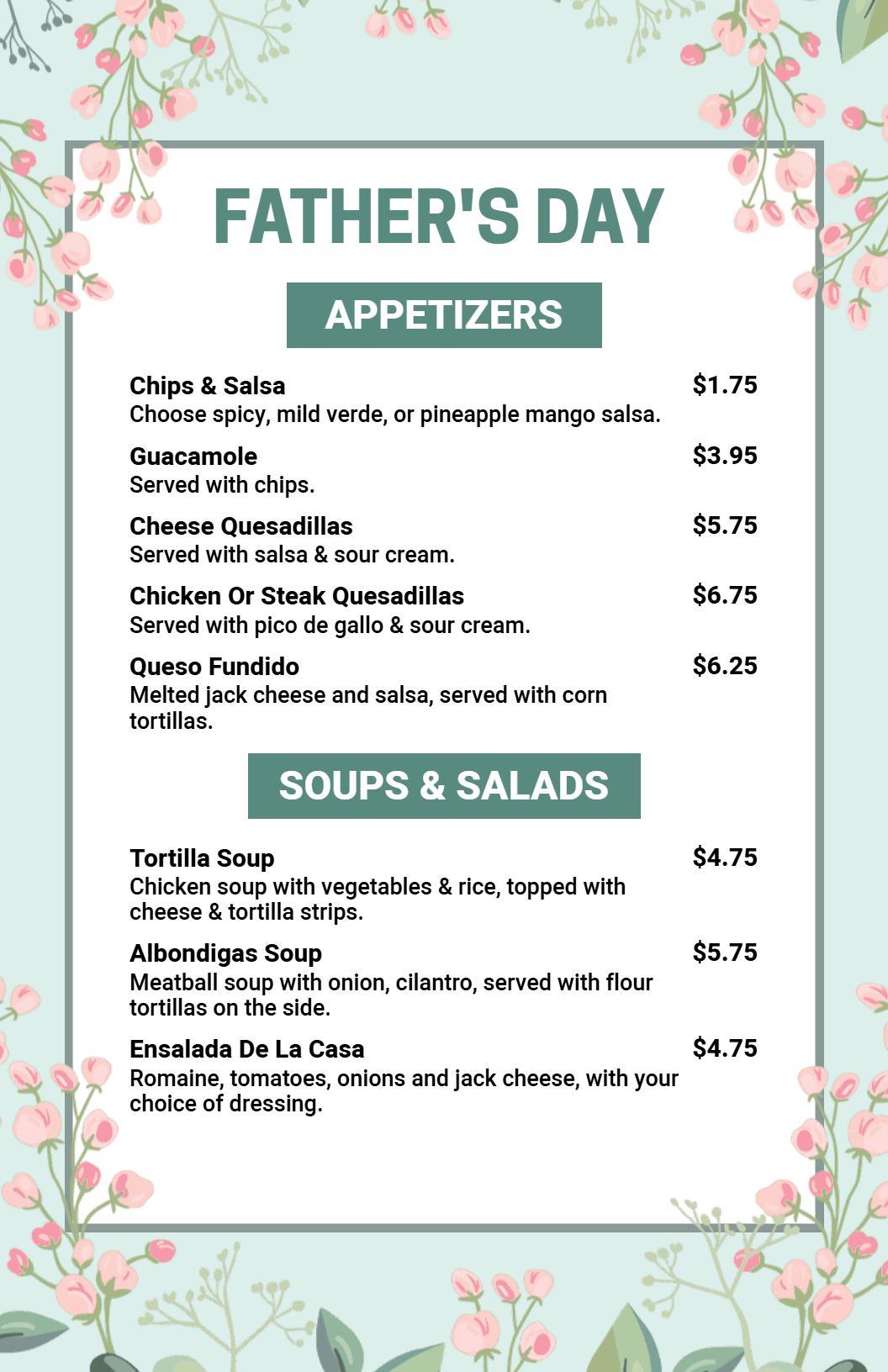 Festive Appetizers and Soups for Special Celebrations Father's Day Menu Template