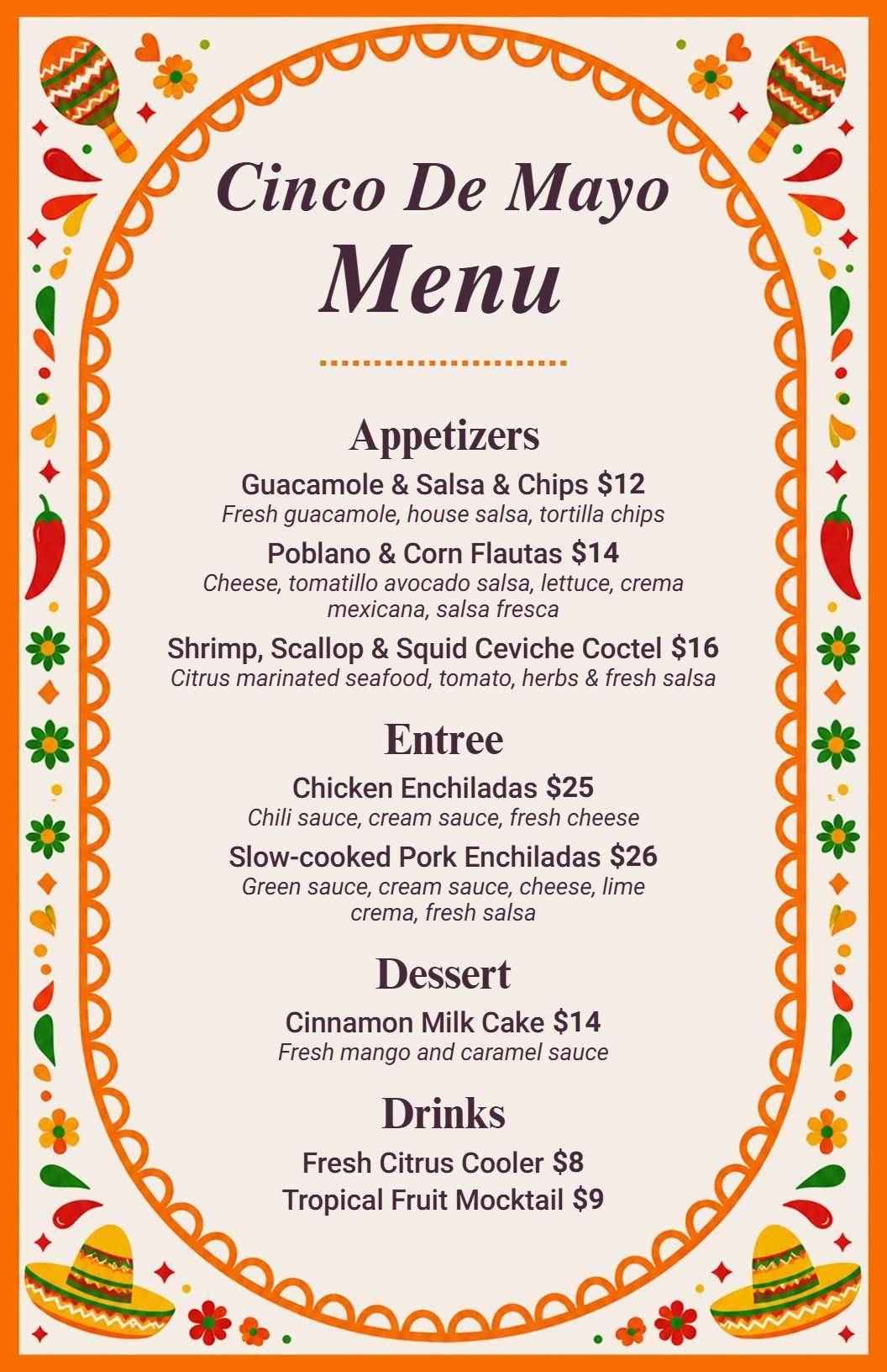 Festive Appetizers and Traditional Entrees Cinco De Mayo Menu Template