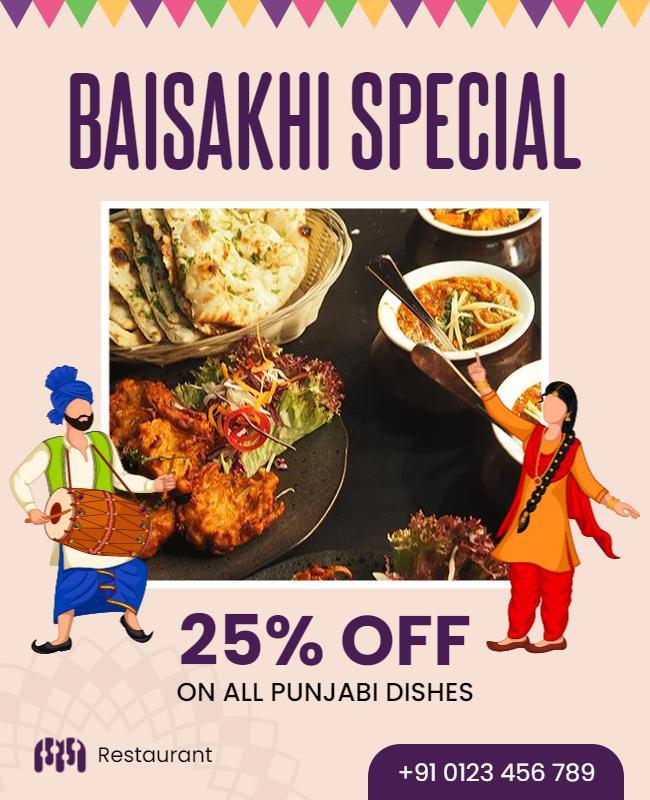 Festive Baisakhi Punjabi Cuisine Discount Poster Template