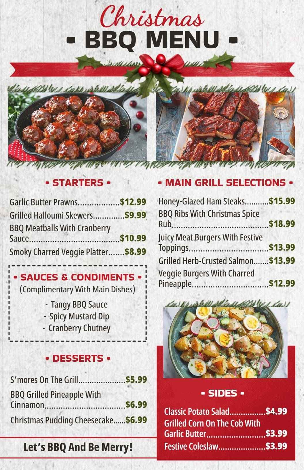 Festive BBQ Starters and Main Grill Selections Christmas Menu Template