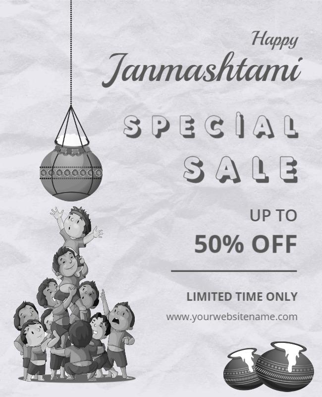 Festive Black and White Janmashtami Sale Poster Template