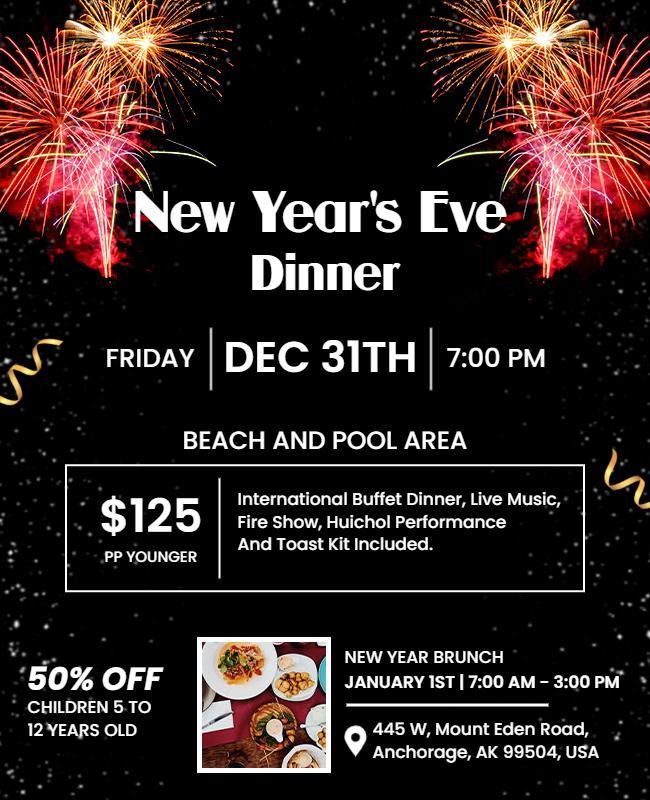 Festive Black New Year's Eve Celebration Dinner Poster Template