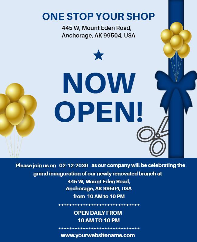 Festive Blue and Gold Grand Opening Celebration Poster Template