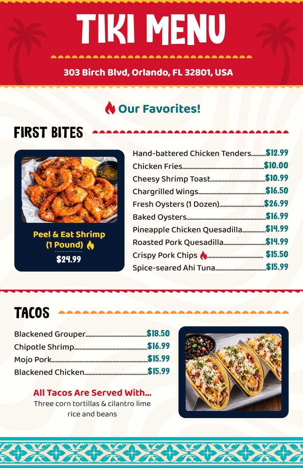 Festive Blue and Red Tiki Dining Experience Menu Template