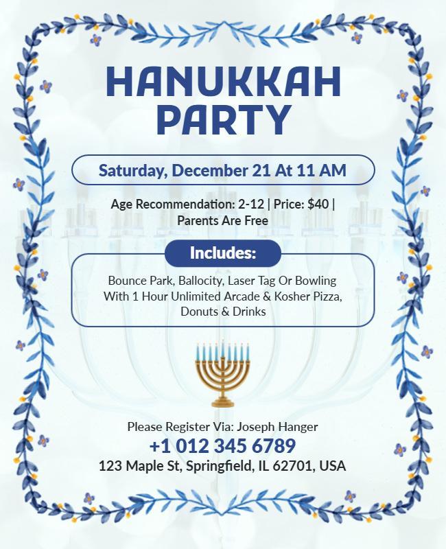 Festive Blue and White Hanukkah Party Celebration Flyer Template