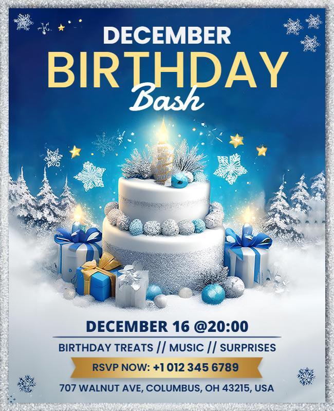 Festive Blue December Birthday Bash Celebration Poster Template