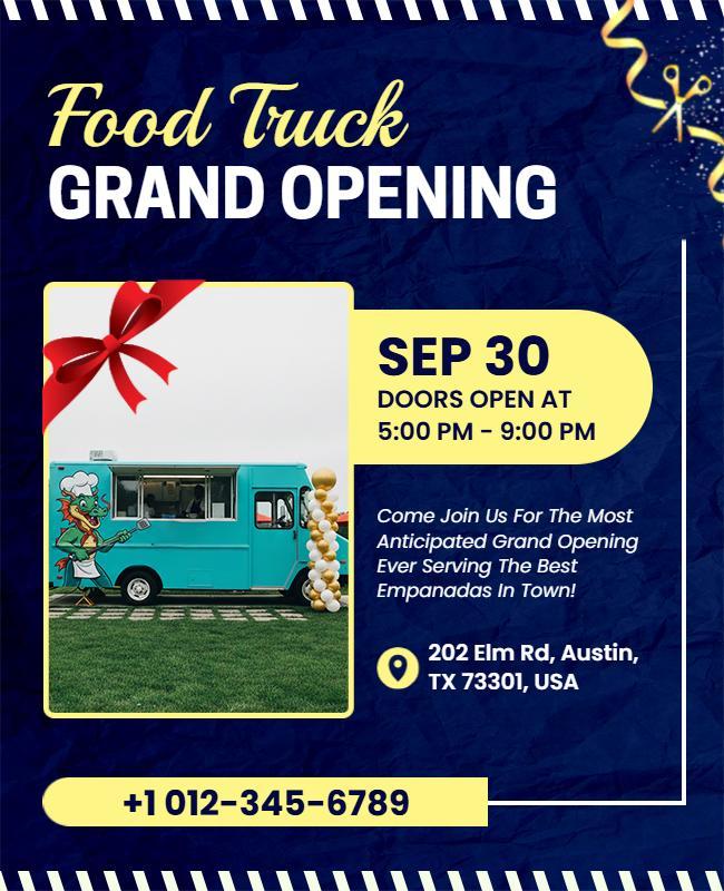 Festive Blue Food Truck Grand Opening Celebration Flyer Template