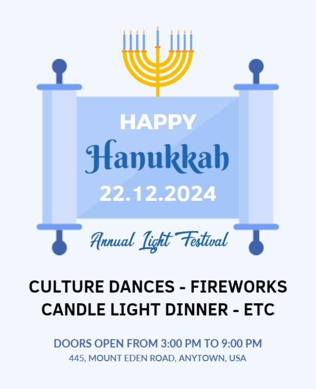 Festive Blue Hanukkah Annual Light Festival Poster Template