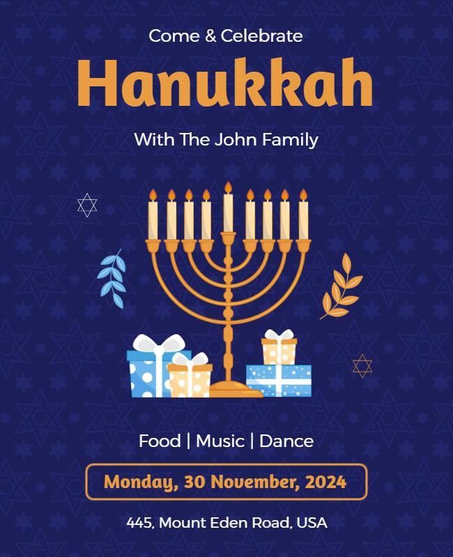 Festive Blue Hanukkah Celebration Family Gathering Poster Template